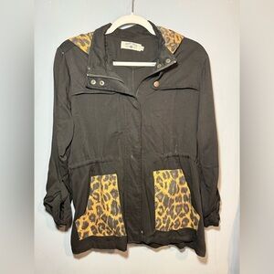 Crazy Train Black and Brown Utility Jacket with Leopard Accents, medium